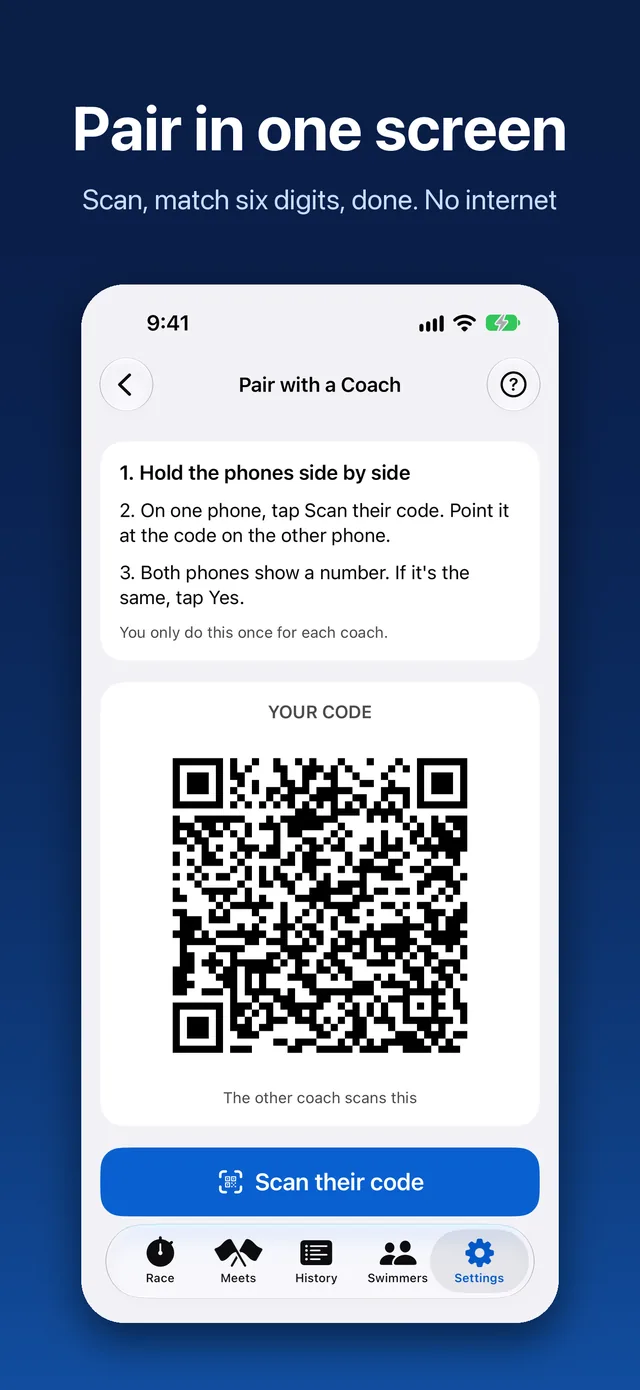 FlagLine pairing screen with a QR code and a Scan their code button