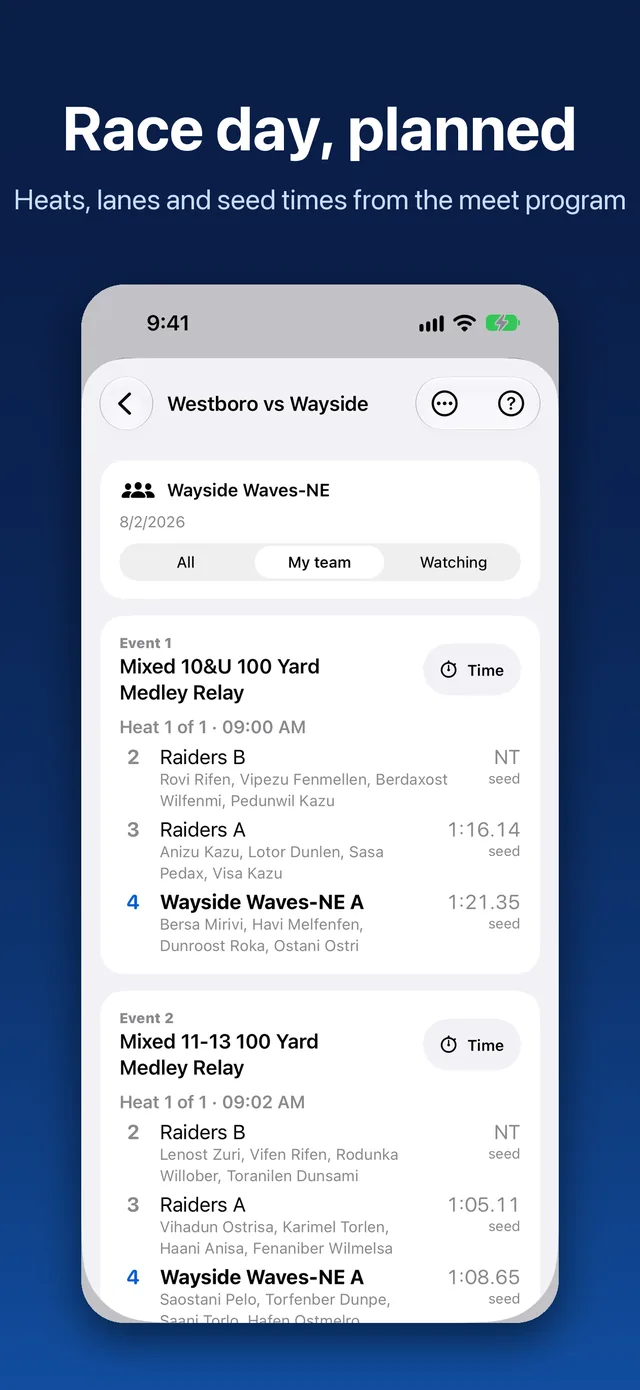 FlagLine meet board listing events, heats, lanes and seed times with a Time button on each event