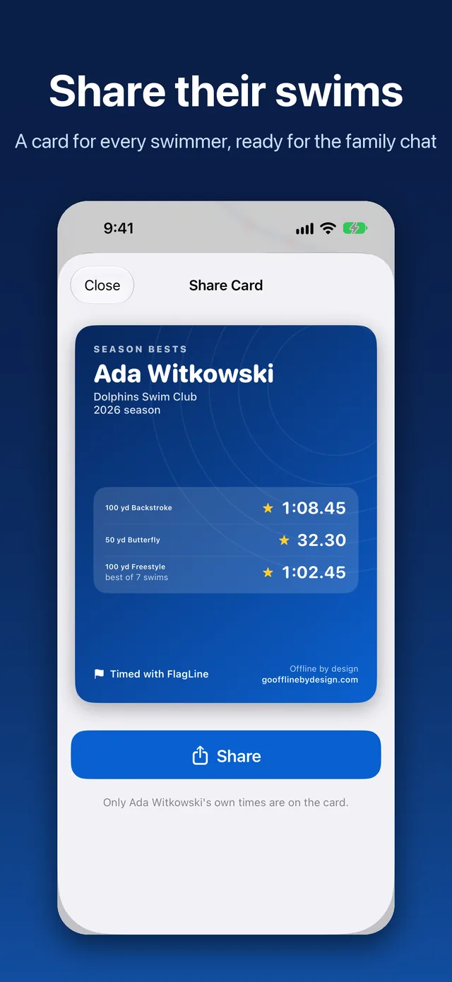 FlagLine share card showing a swimmer's season best times, ready to send to a family chat