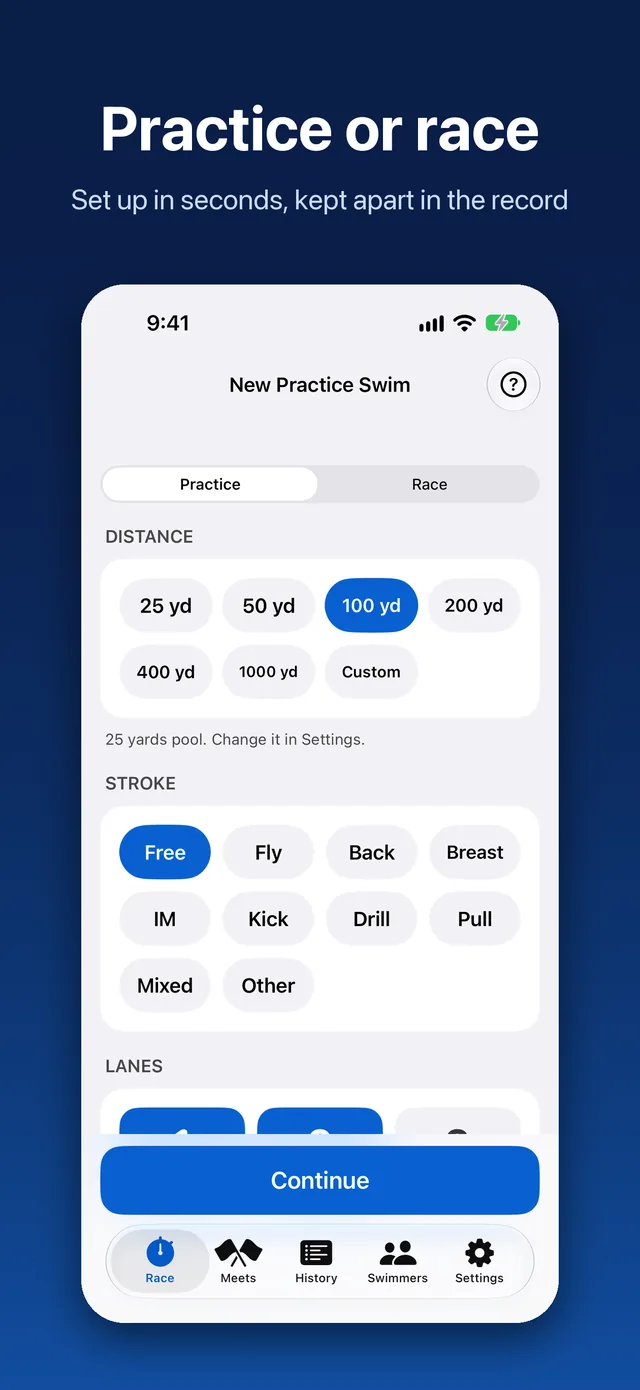 FlagLine setup screen choosing practice or race, distance and stroke