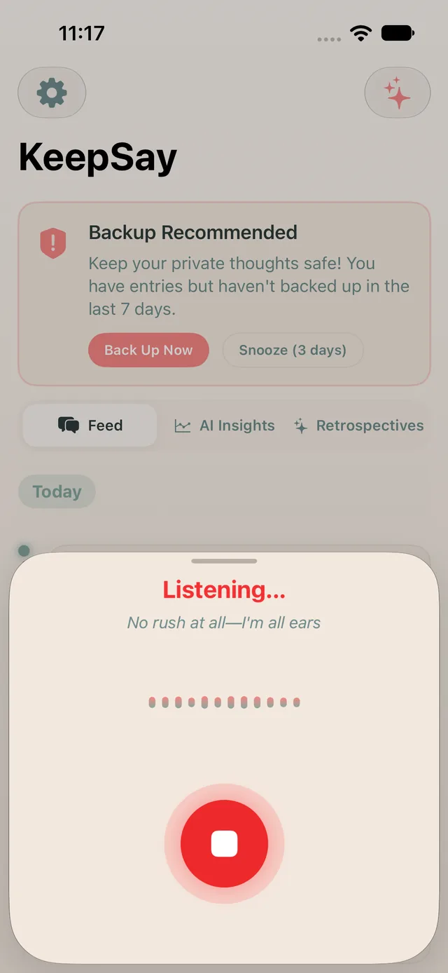 InnerSay recording screen, listening to a spoken journal entry