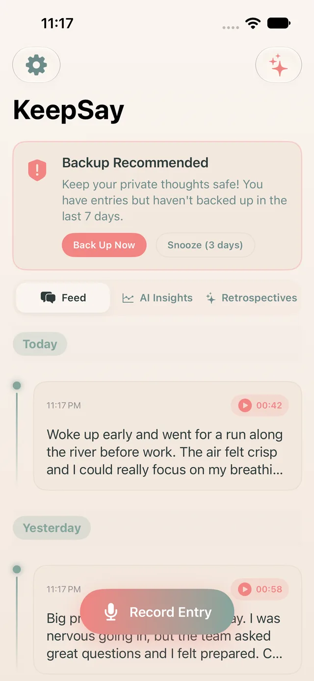 InnerSay journal feed showing transcribed entries grouped by day