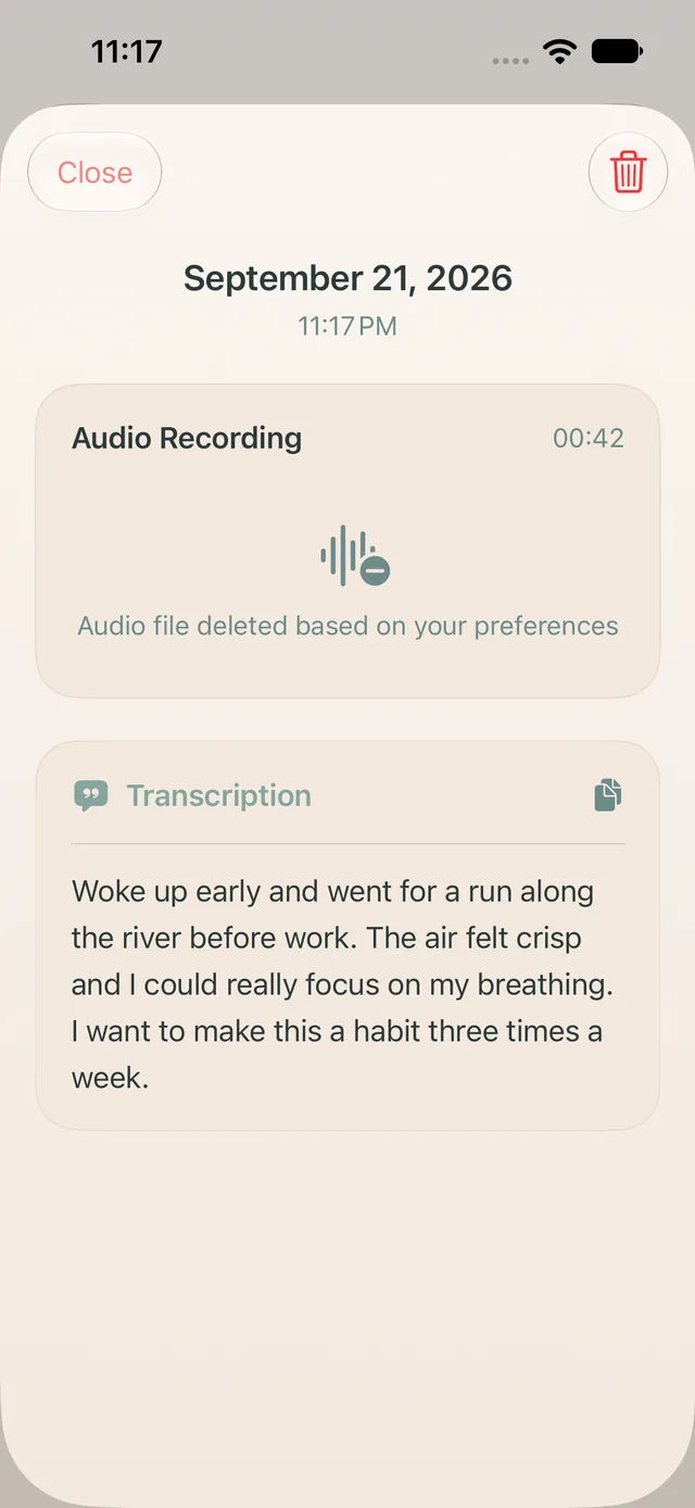 InnerSay entry detail with audio recording and full transcription