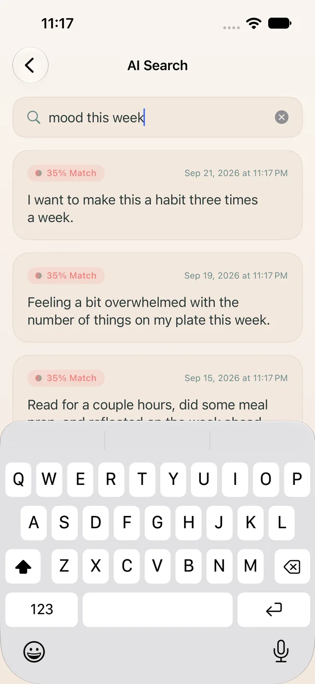 InnerSay AI search finding entries that match a feeling, not just a keyword