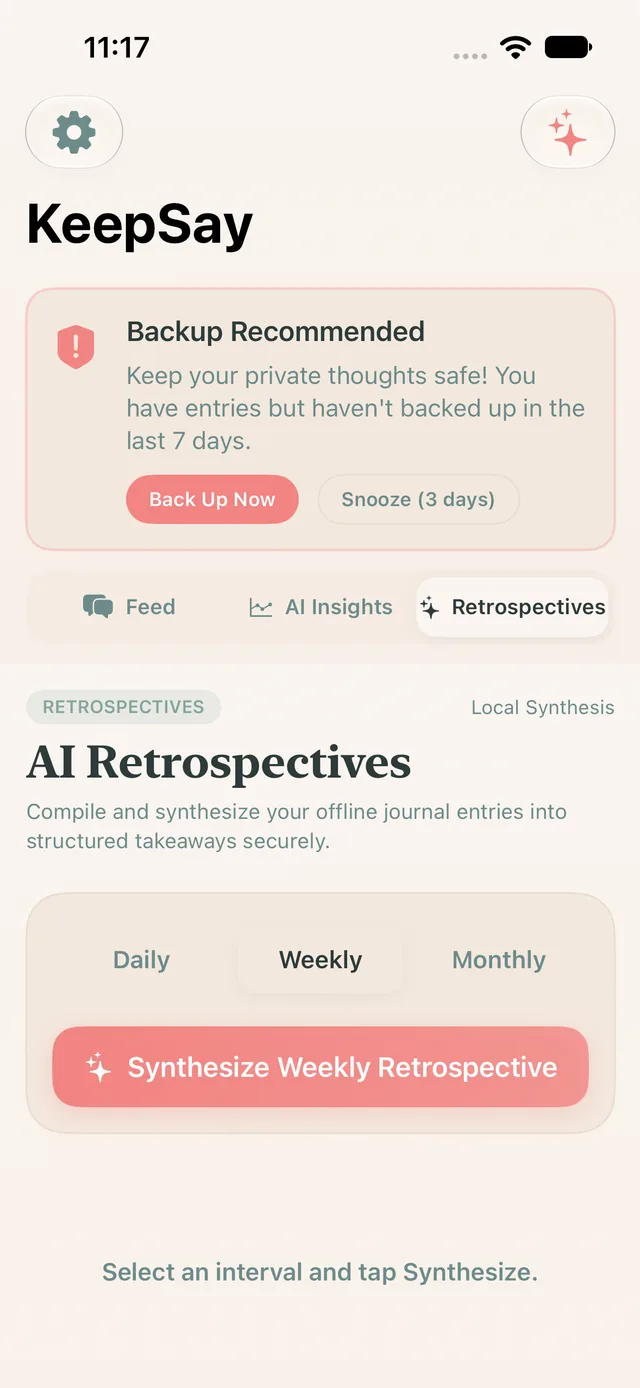 InnerSay retrospectives screen for synthesizing weekly takeaways