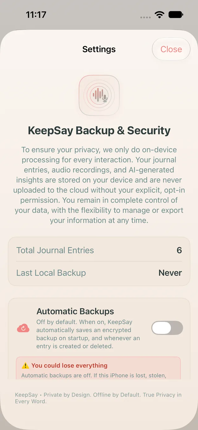 InnerSay backup and security settings screen